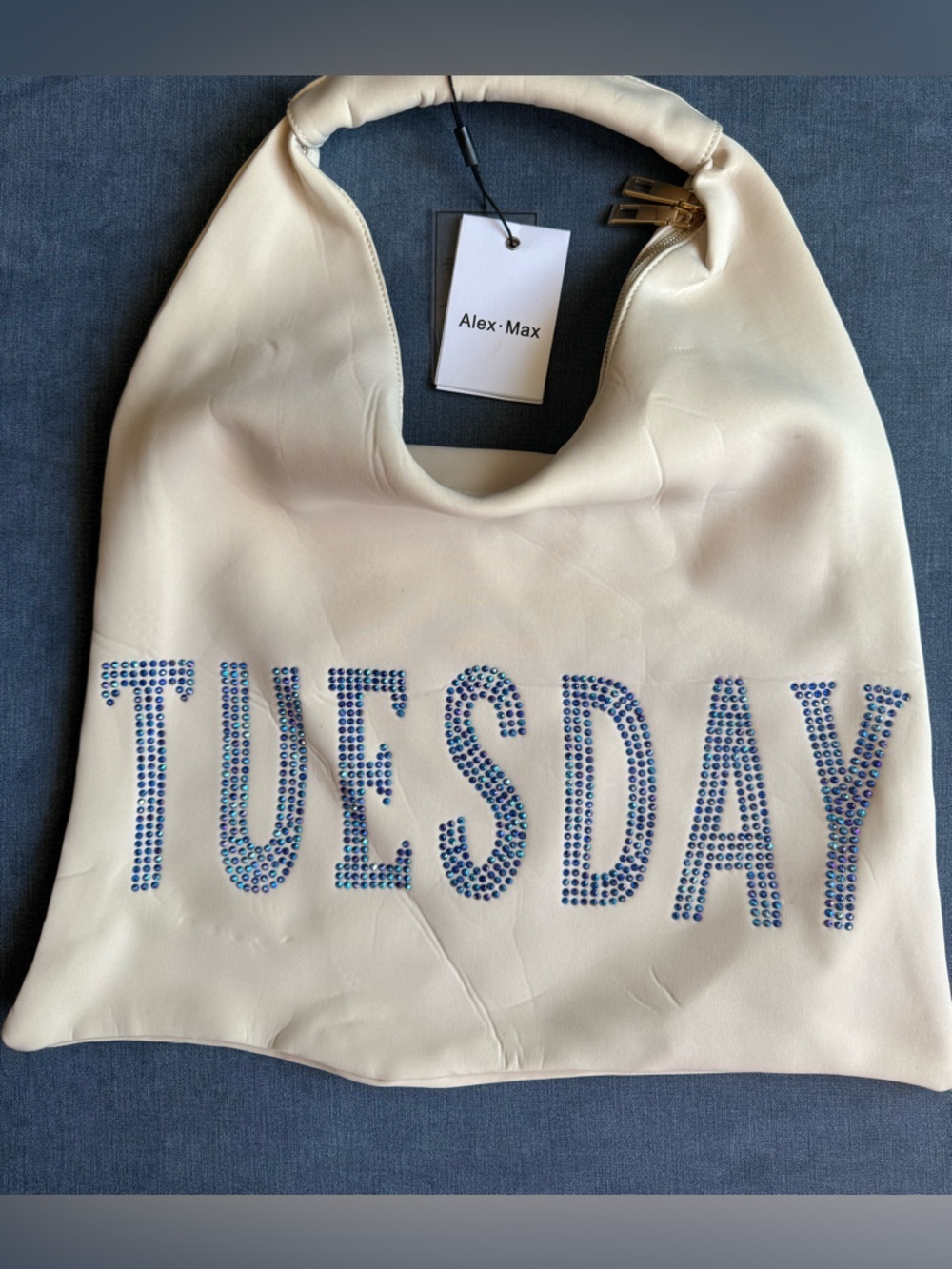 Alex Max TUESDAY Iridescent Crystal Embellished Cream Shoulder Bad Large New